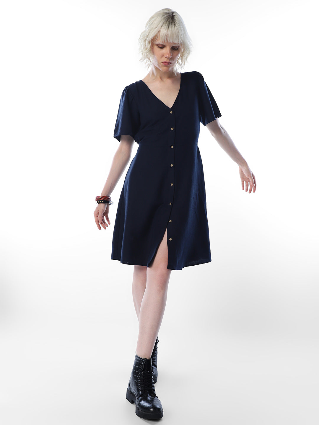Navy Blue V-Neck Short Dress