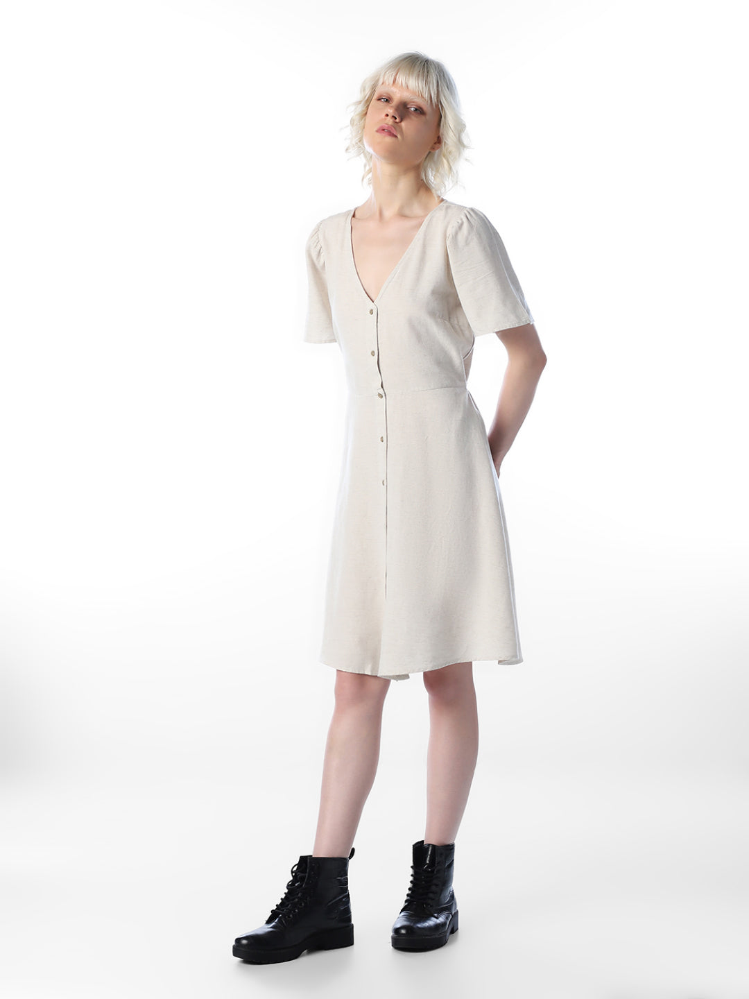 Beige V-Neck Short Dress