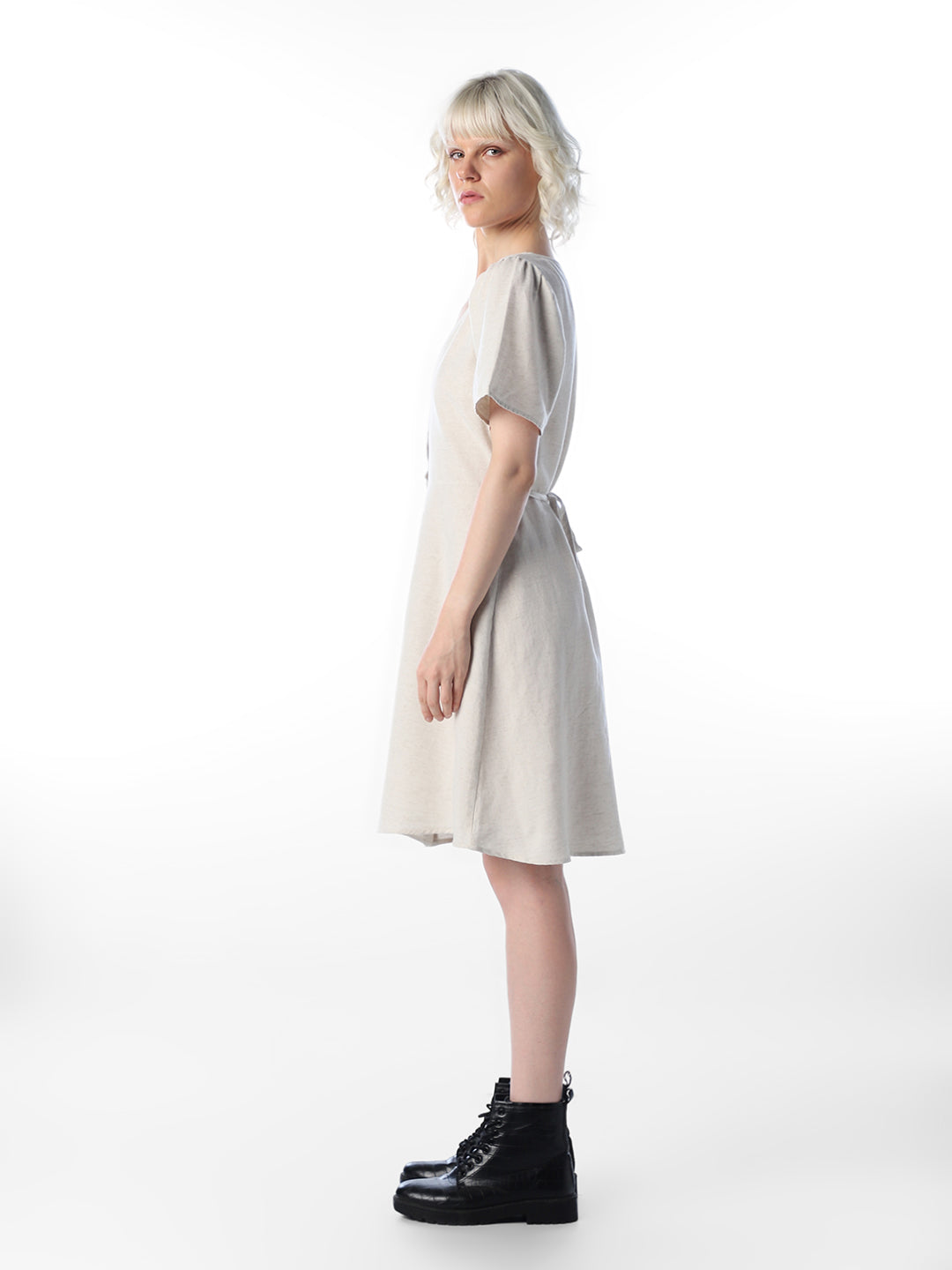 Beige V-Neck Short Dress