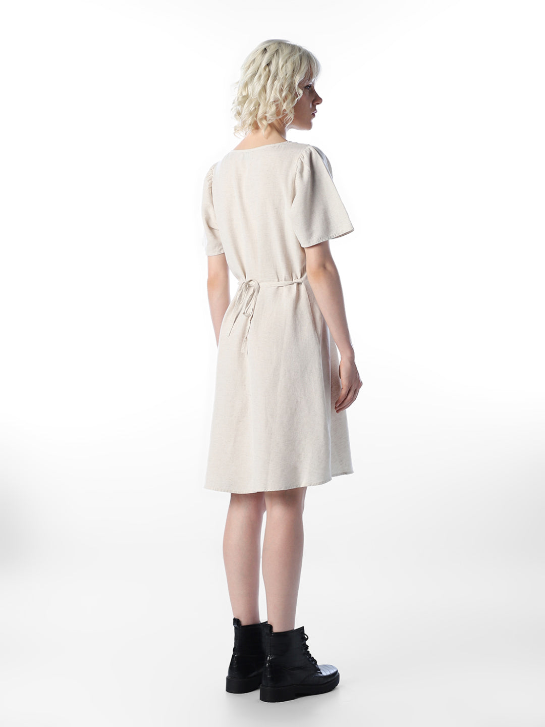Beige V-Neck Short Dress