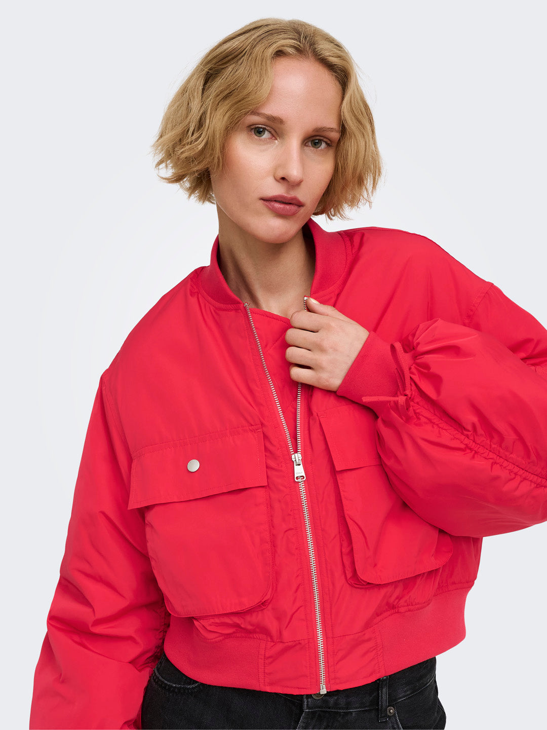 Bright Red Zip Up Bomber Jacket