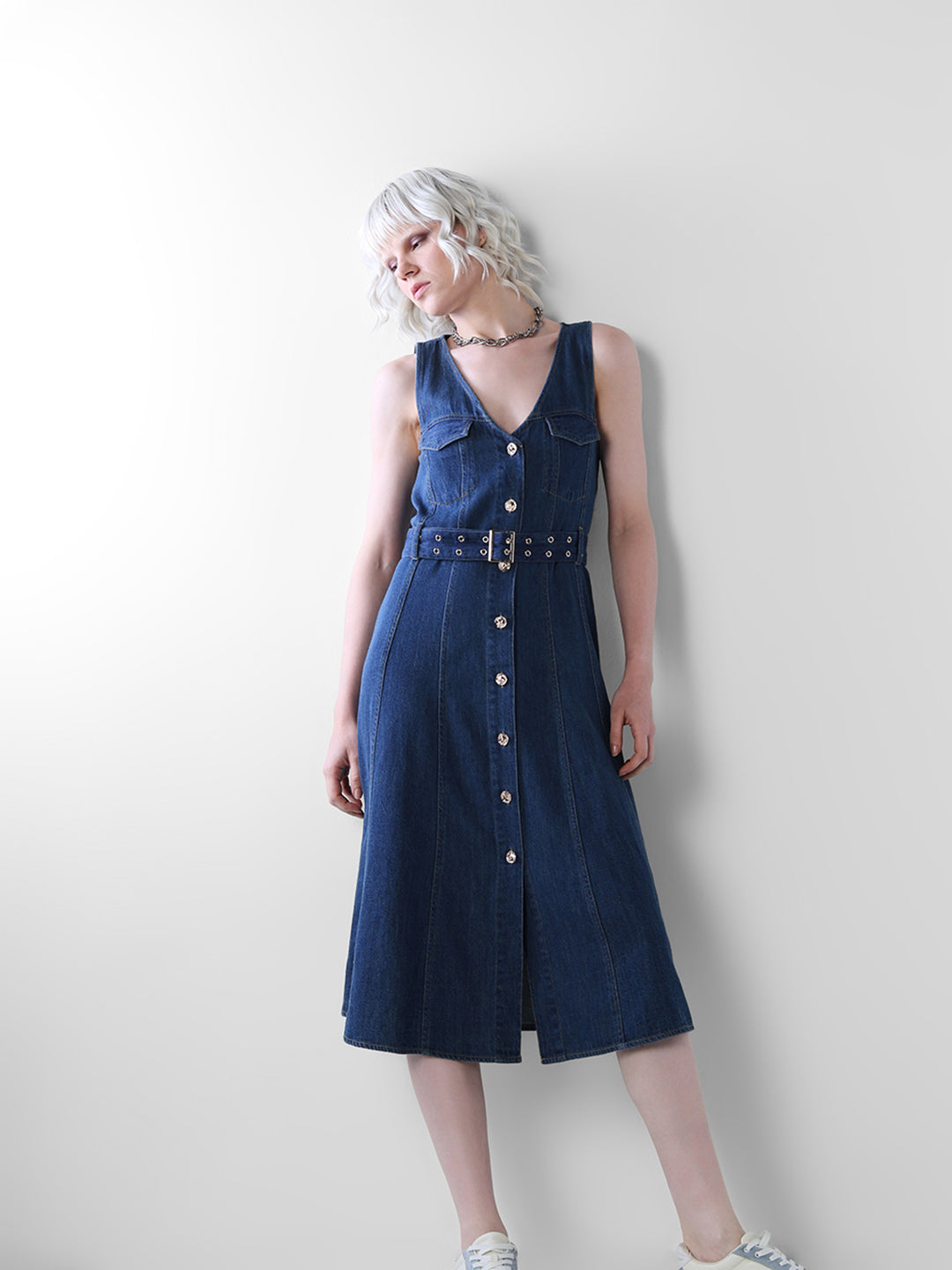 Dark Blue Denim Midi Dress