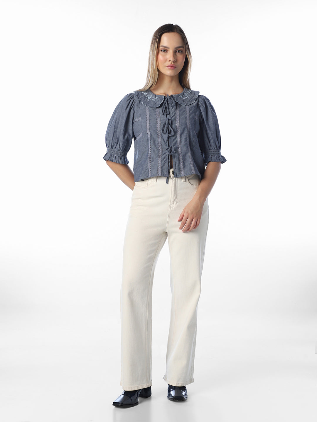 Blue scalloped embroidered Top