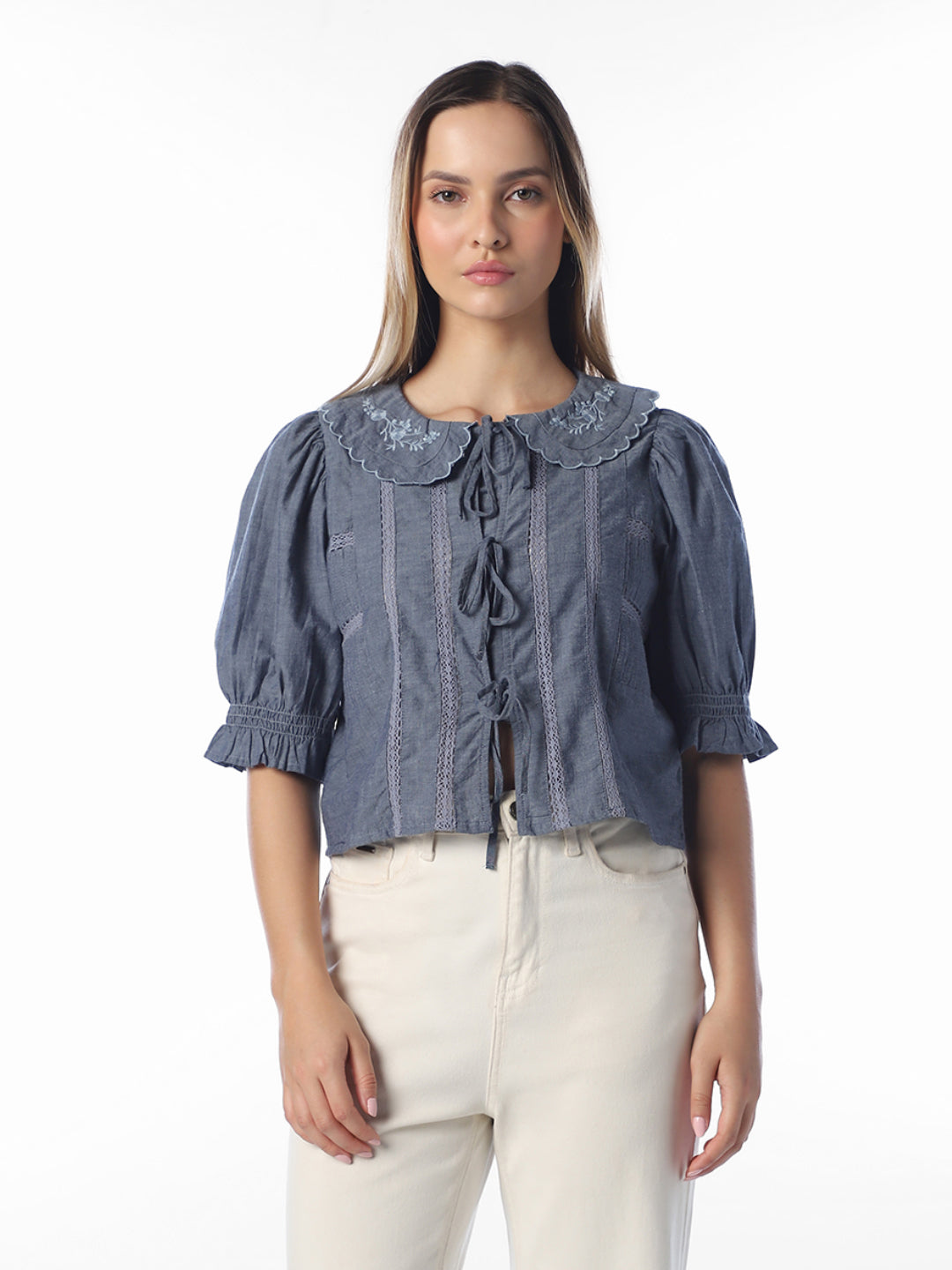 Blue scalloped embroidered Top