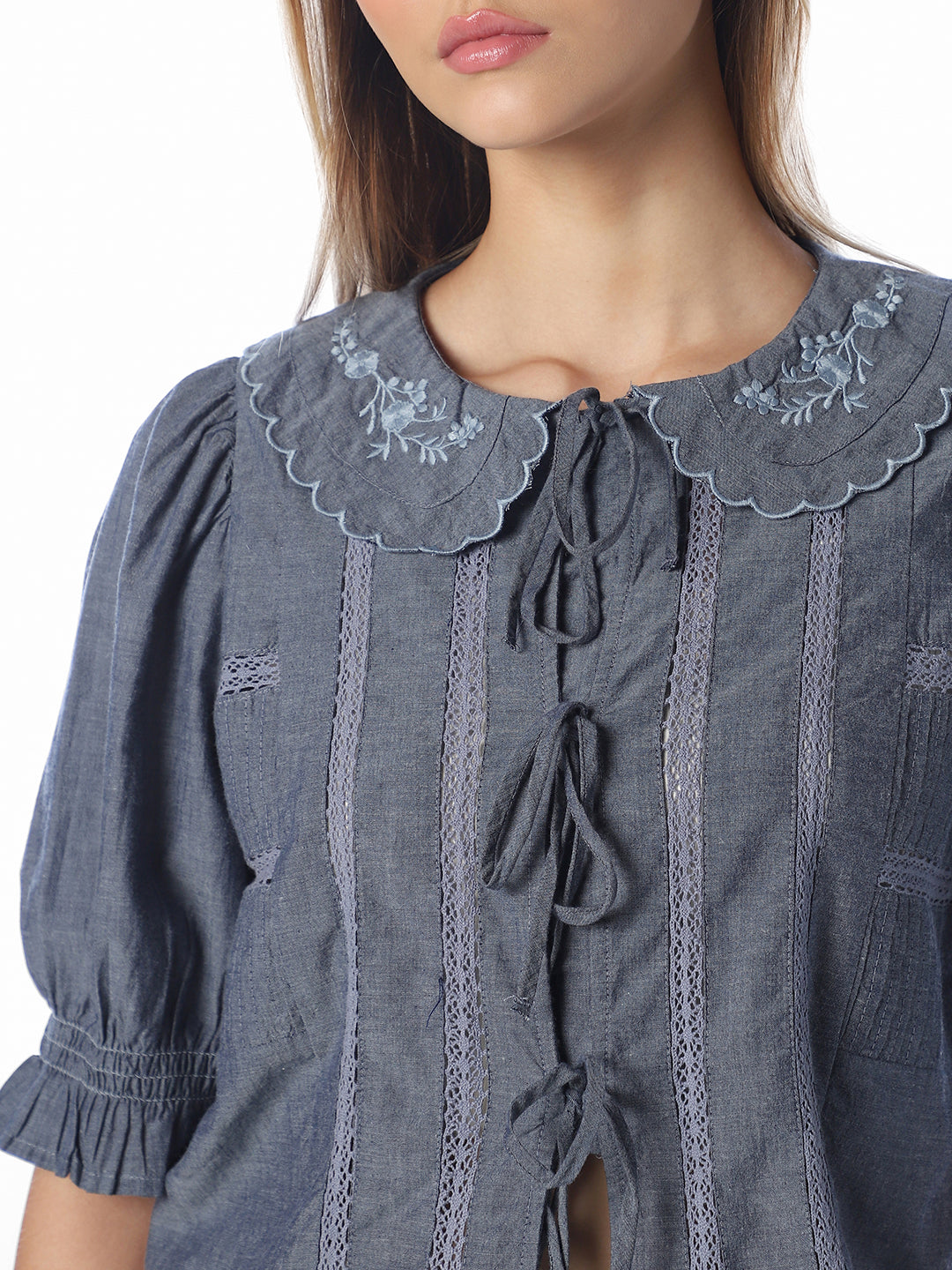Blue scalloped embroidered Top