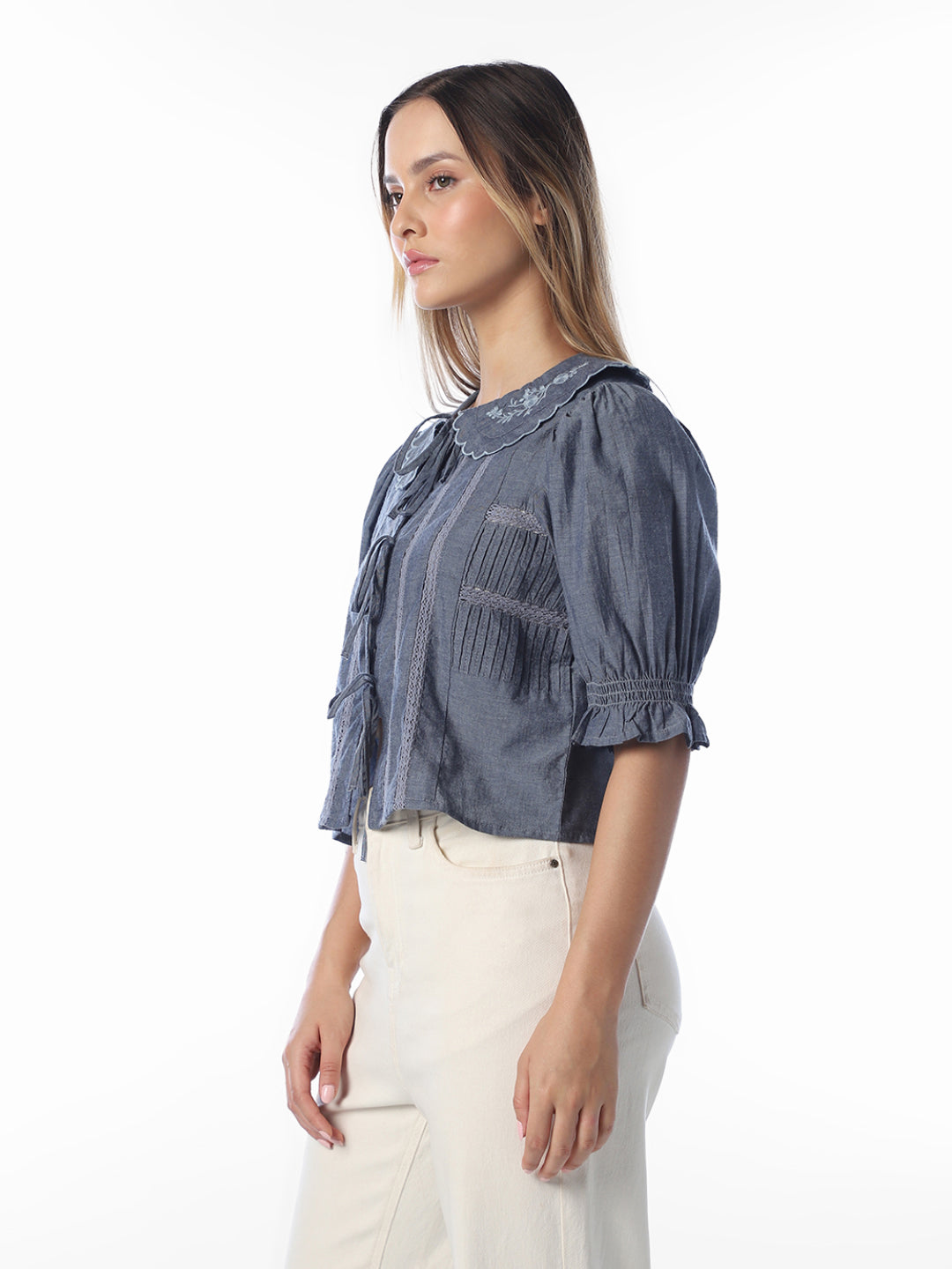 Blue scalloped embroidered Top