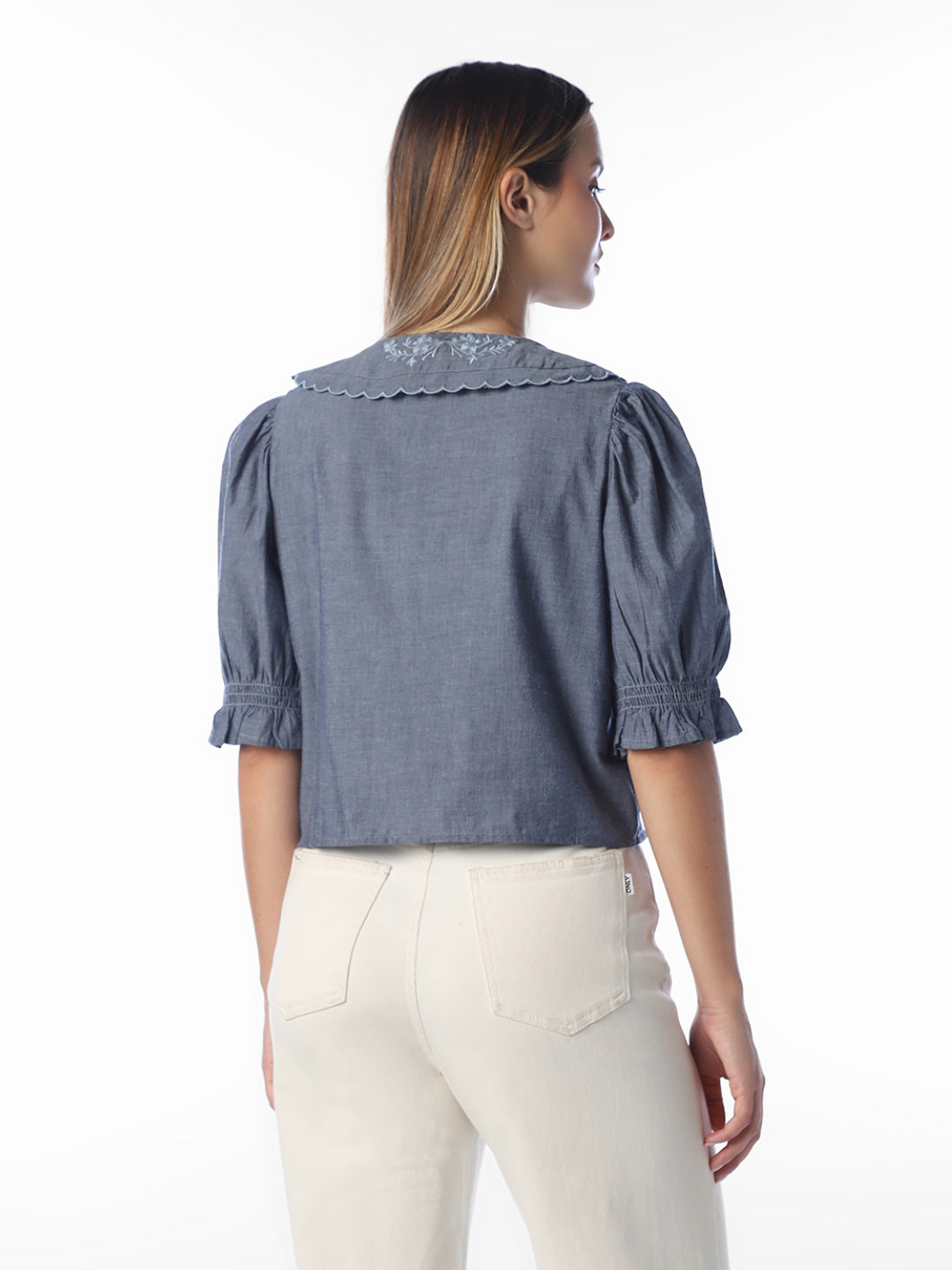 Blue scalloped embroidered Top