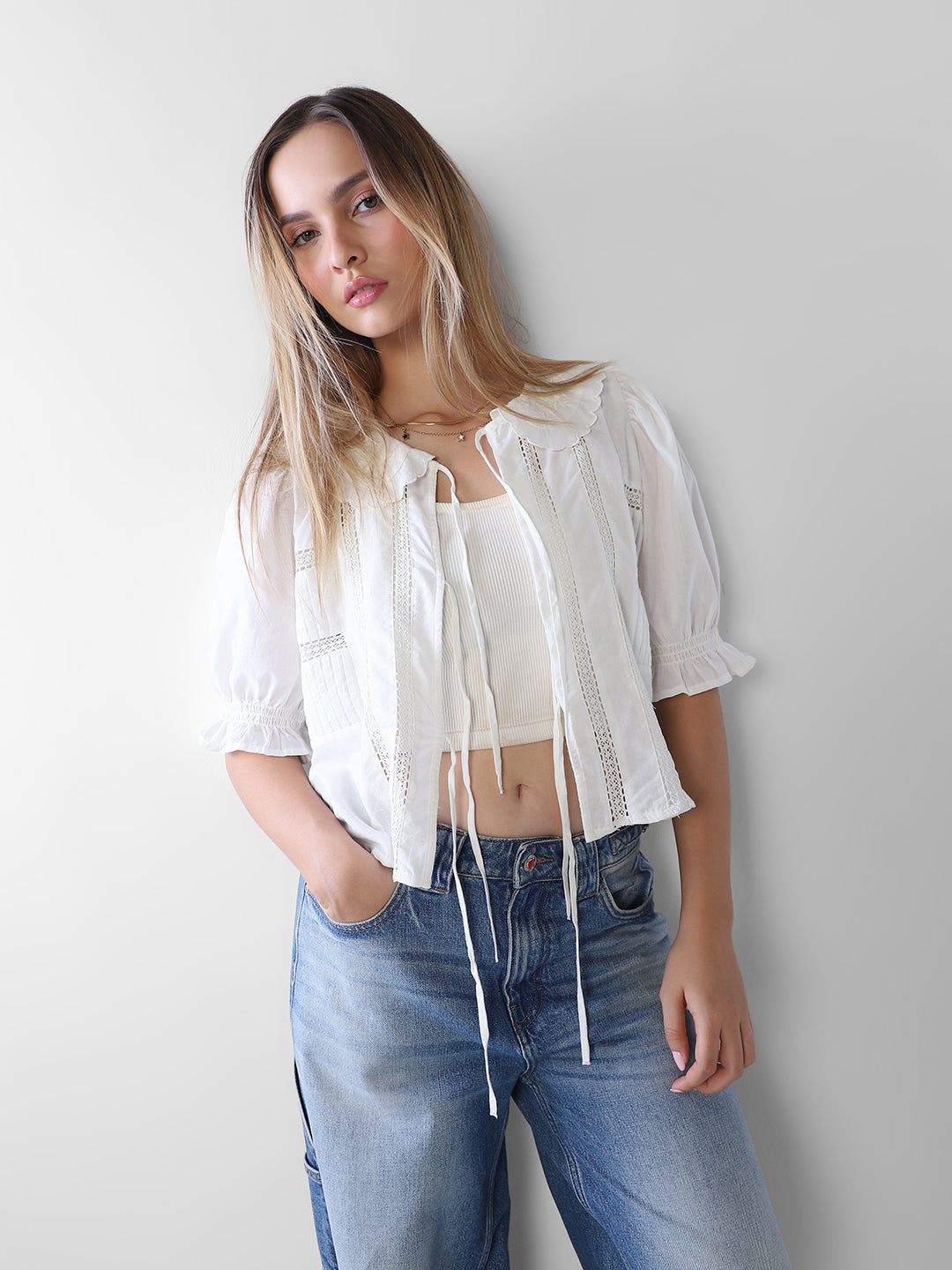 White scalloped embroidered Top