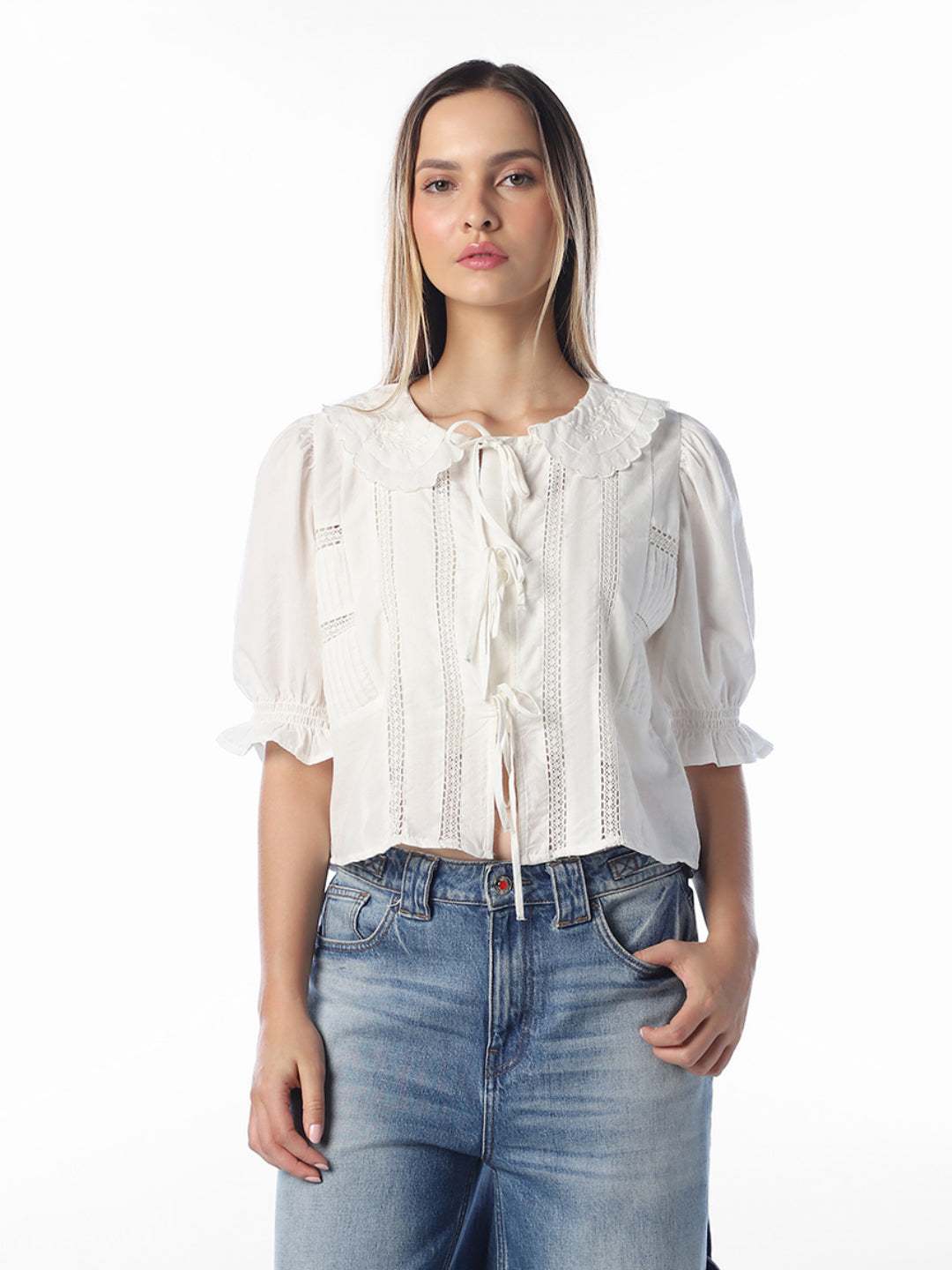 White scalloped embroidered Top