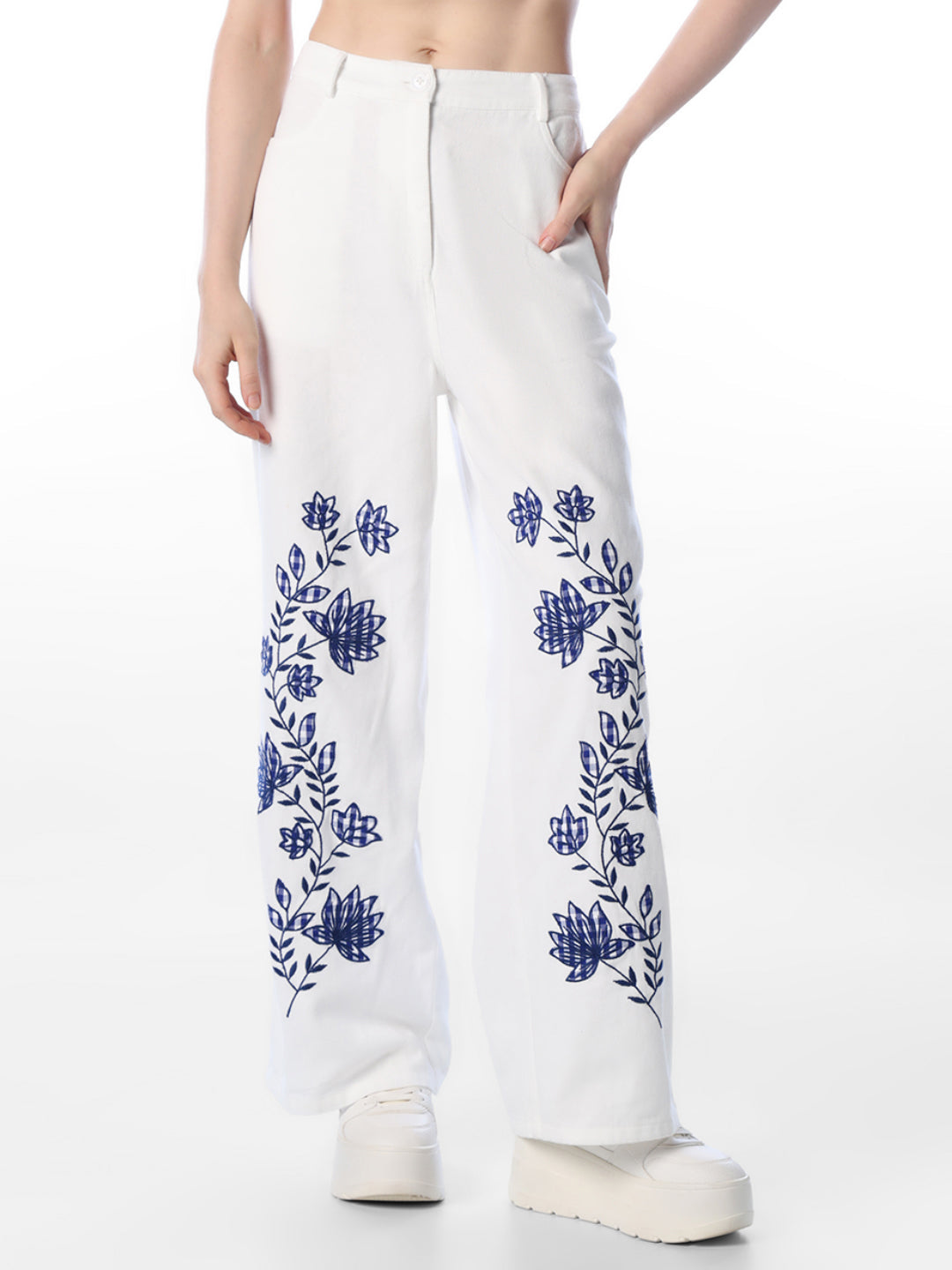 White Embroidered Cotton Pants
