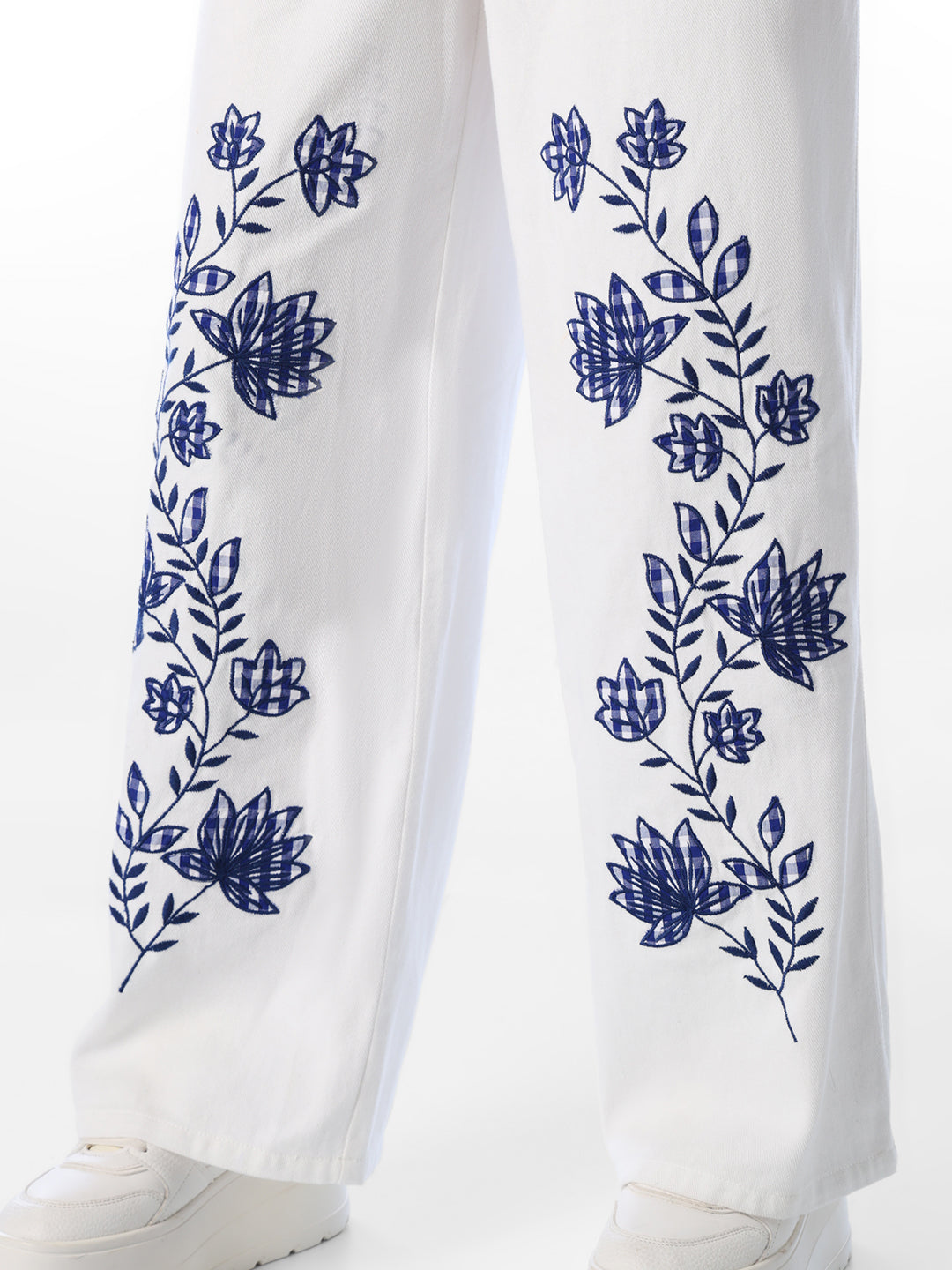 White Embroidered Cotton Pants