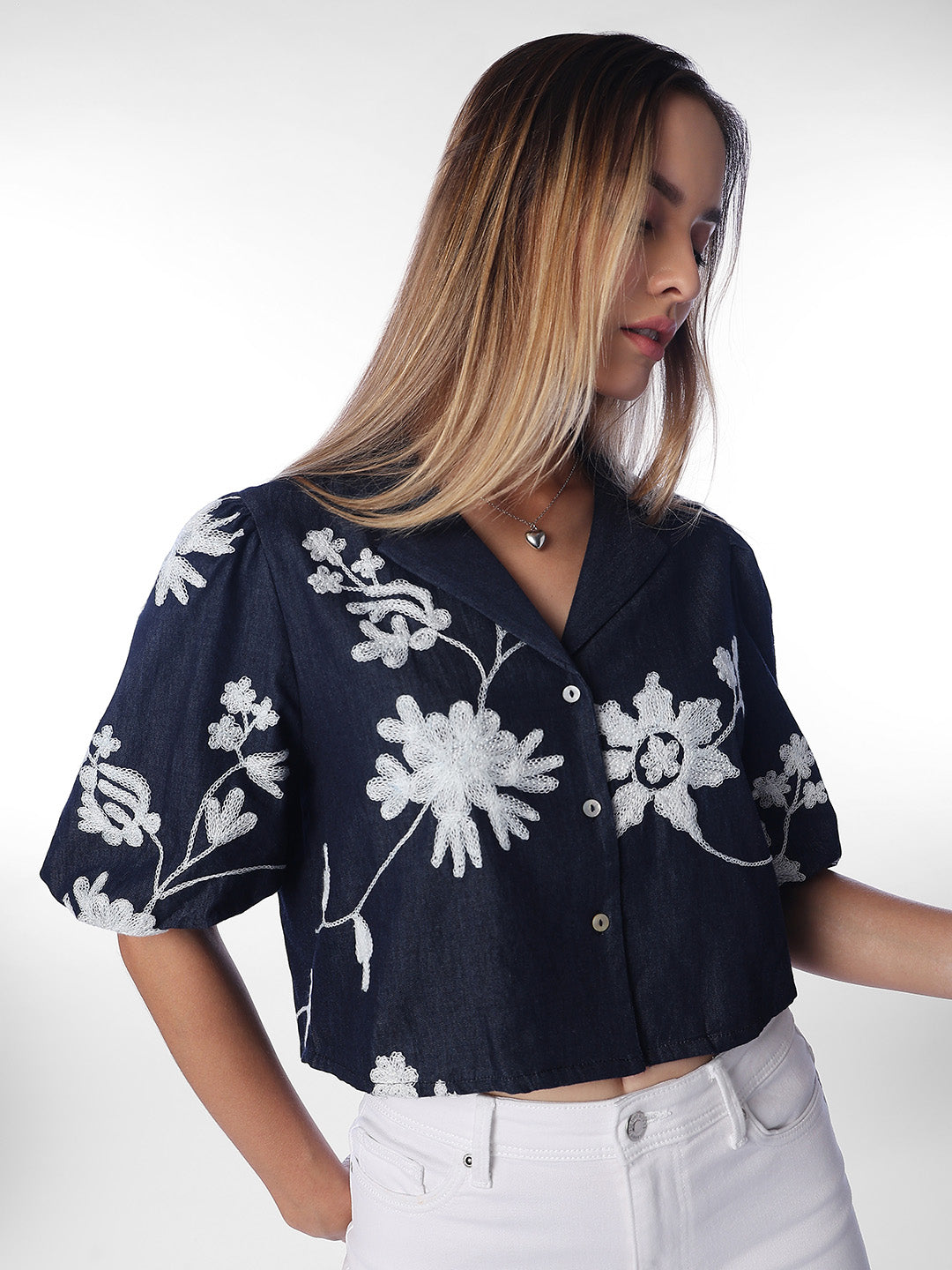 Dark Blue Floral Cropped Shirt