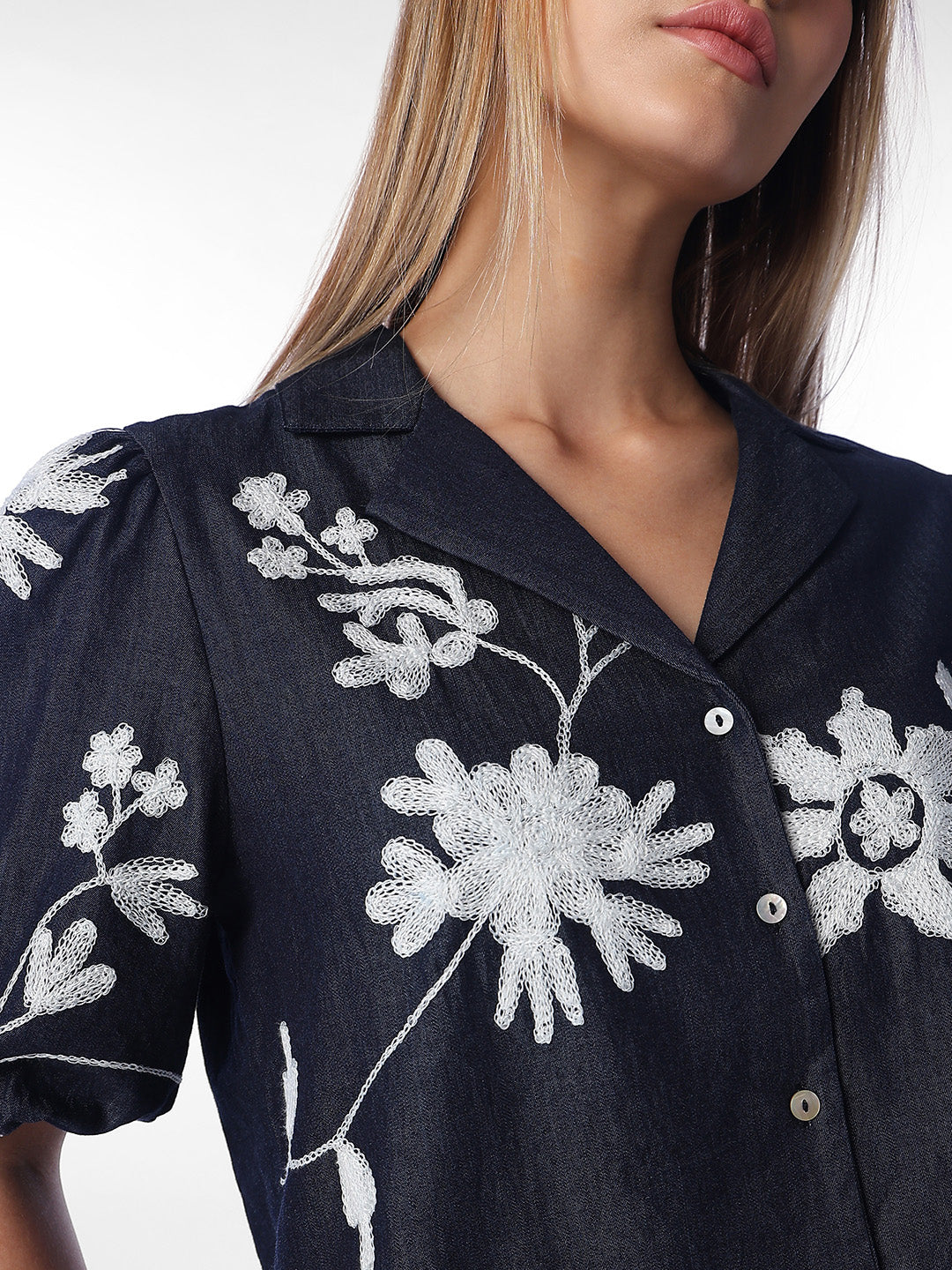 Dark Blue Floral Cropped Shirt
