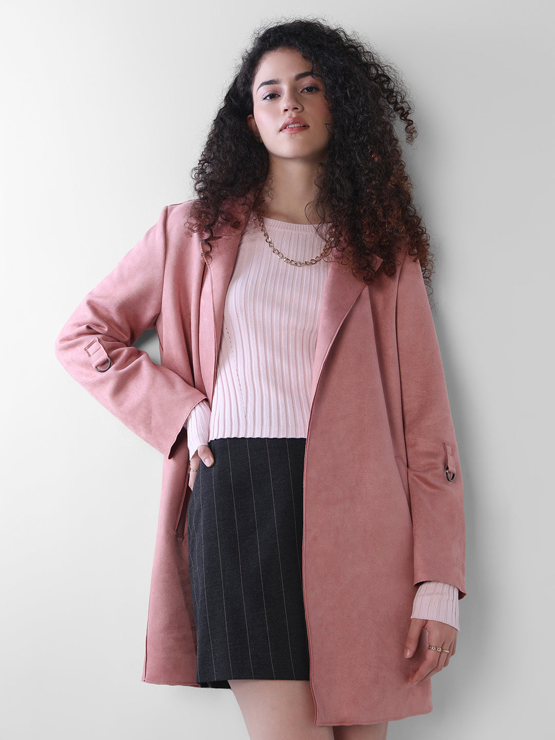 Pink Faux Suede Overcoat