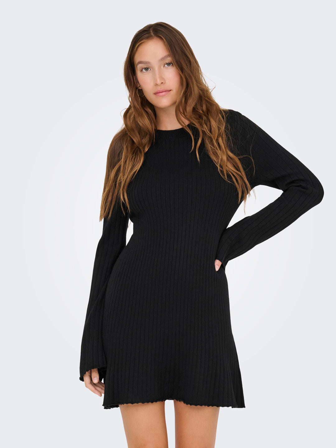 Black Ribbed O-Neck Dress