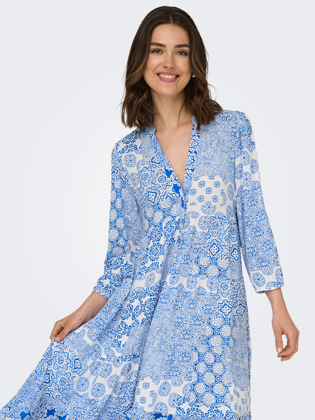 Blue Printed V-Neck Dress