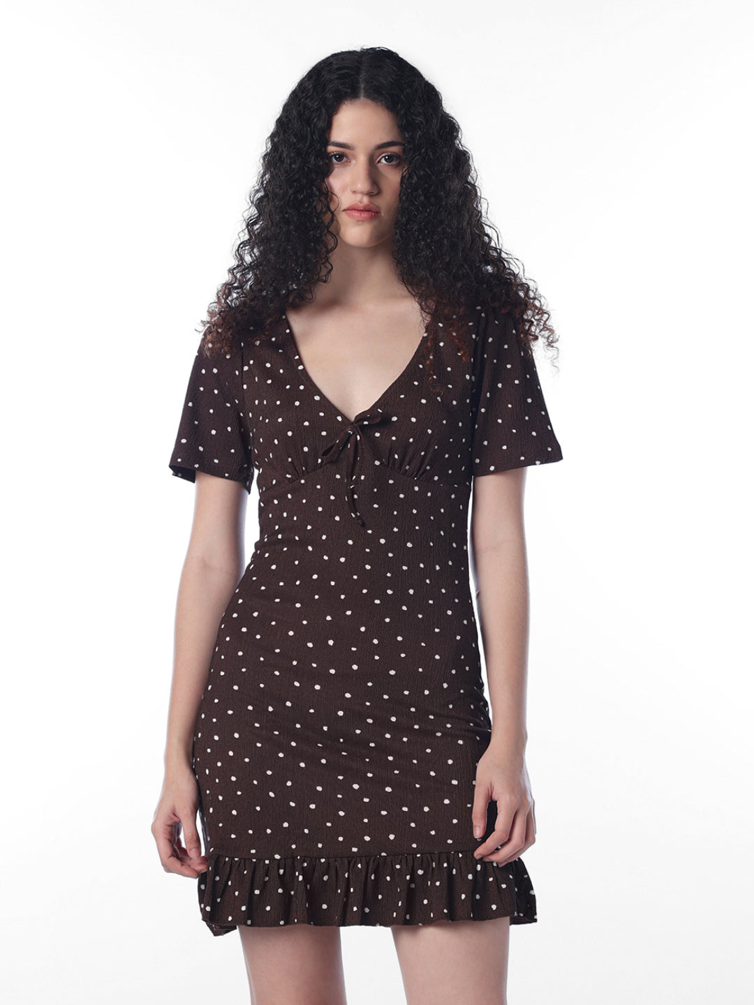 Dark Brown Printed V-Neck Dress