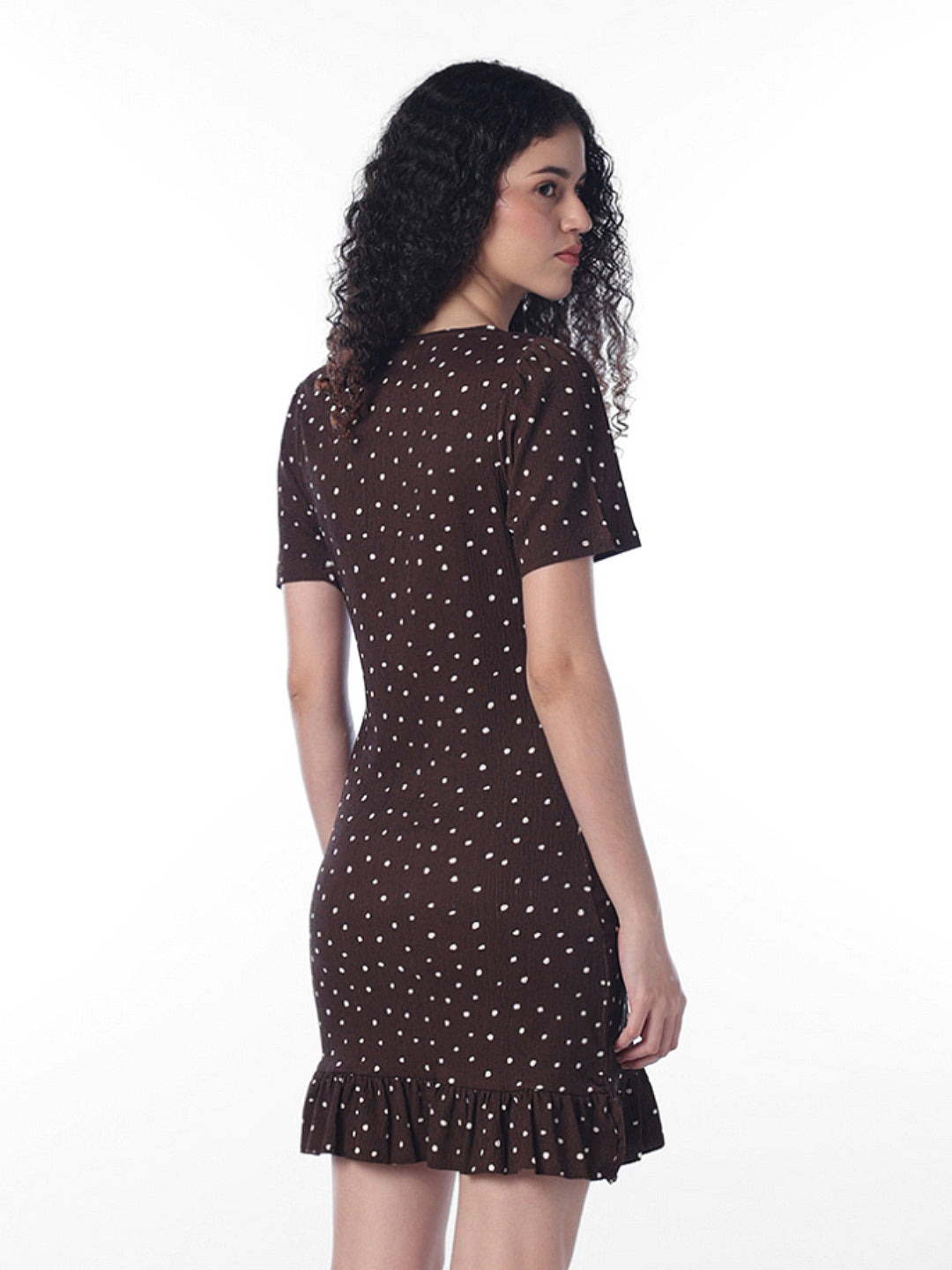 Dark Brown Printed V-Neck Dress