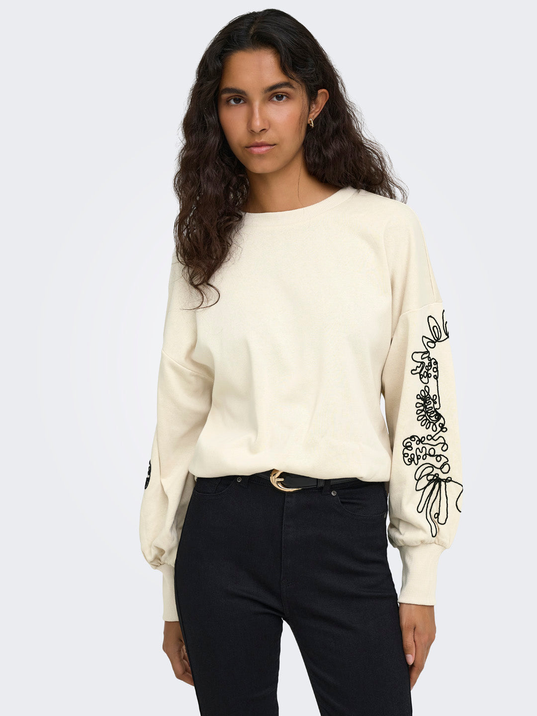 Cream Printed O-Neck Sweatshirt