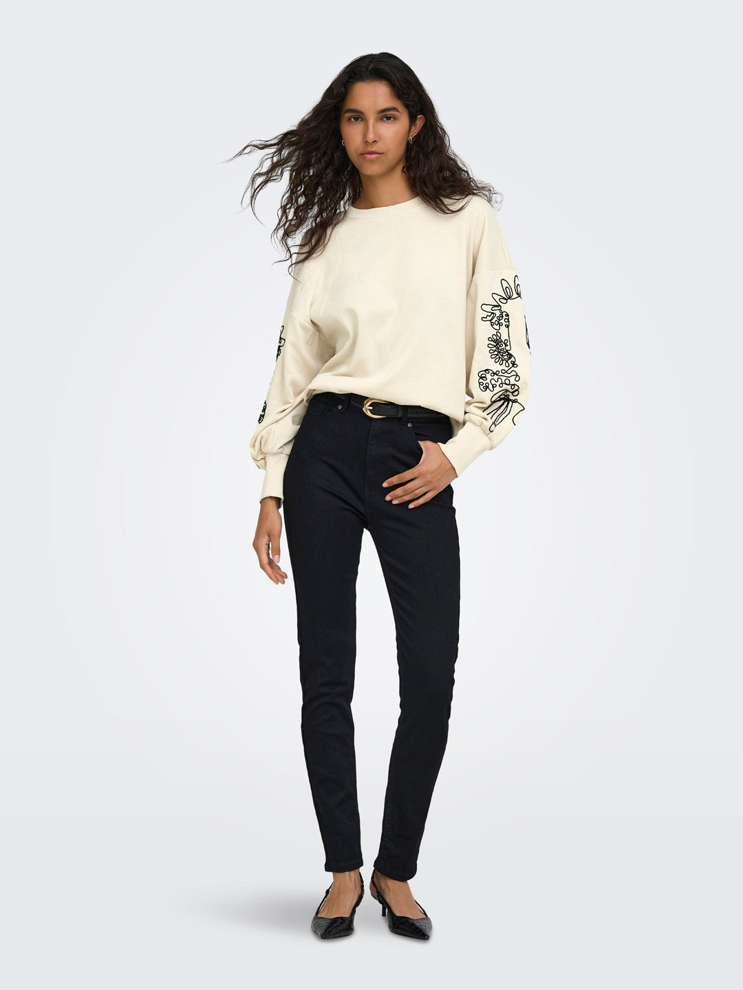 Cream Printed O-Neck Sweatshirt