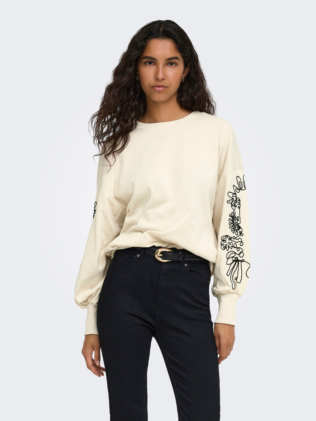 Cream Printed O-Neck Sweatshirt