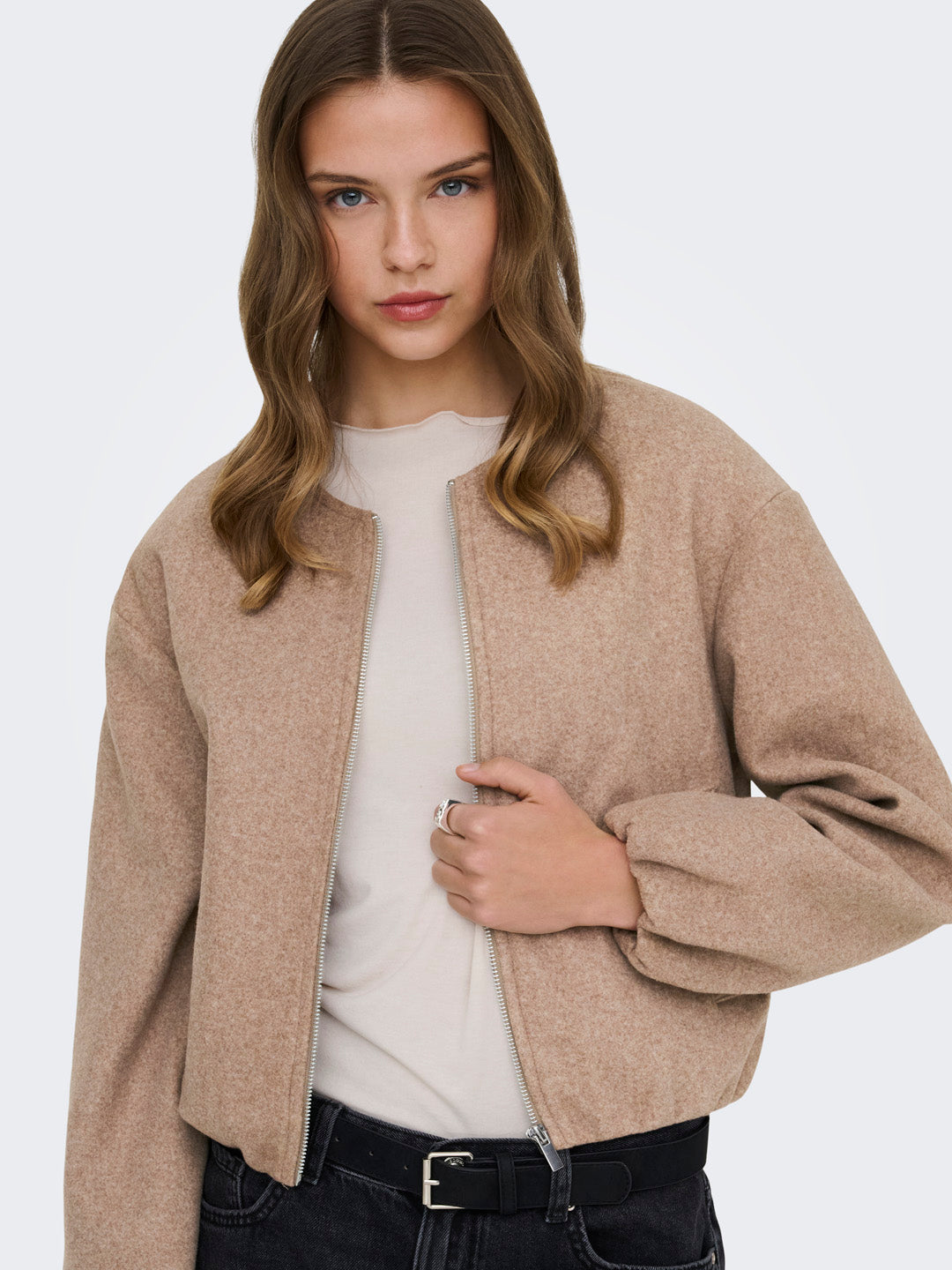 Beige Balloon Bomber Jacket