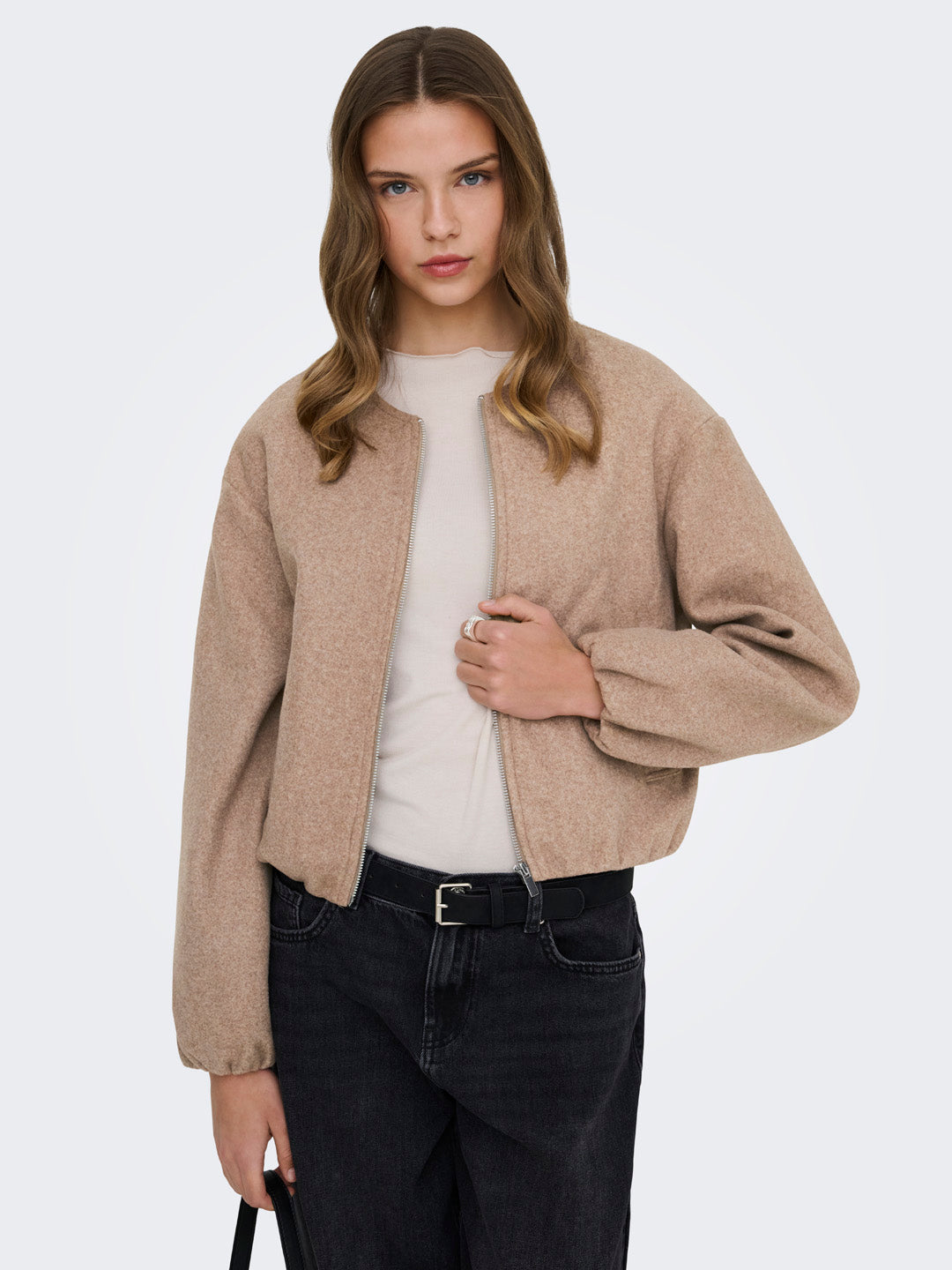 Beige Balloon Bomber Jacket