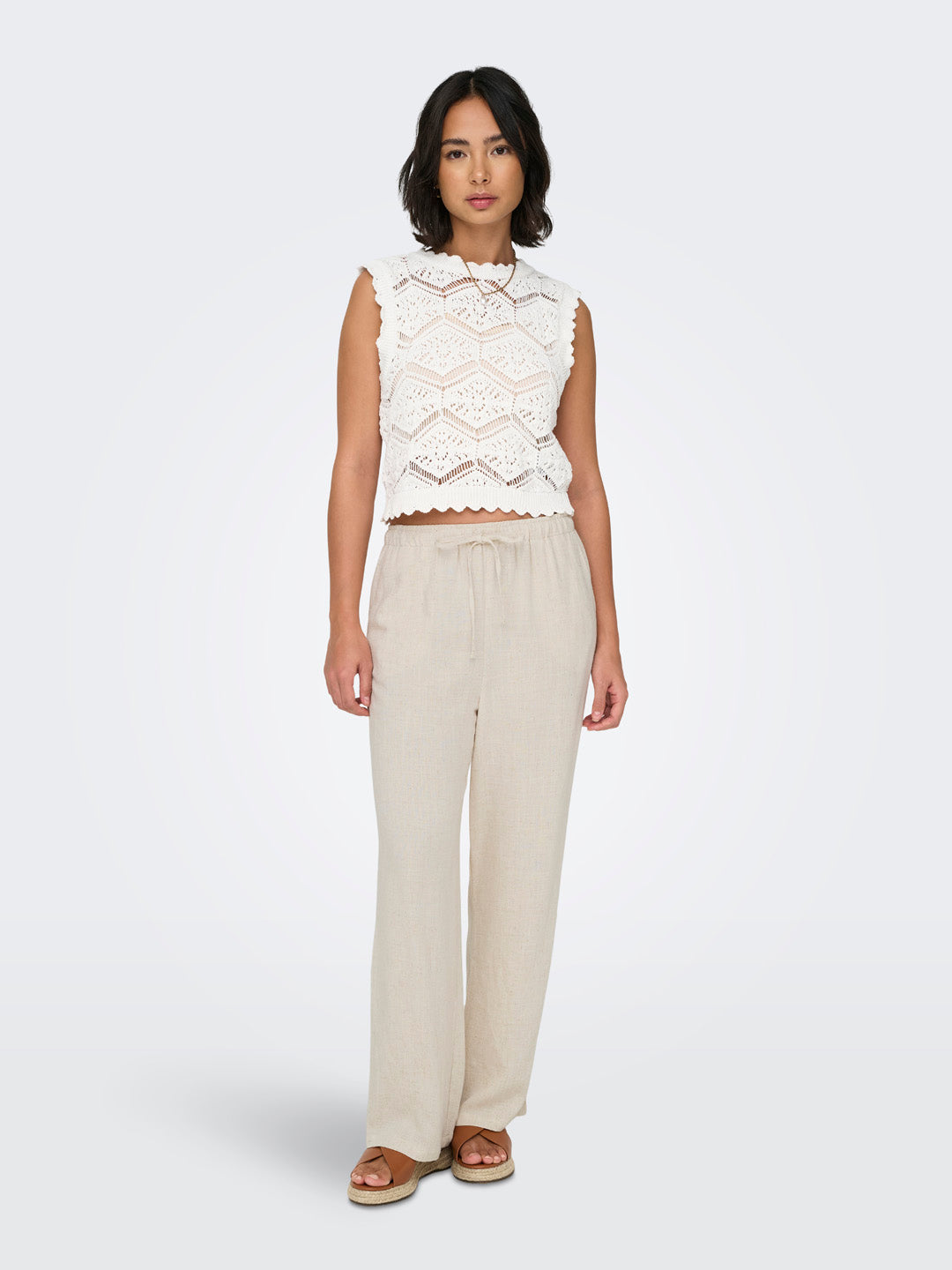 Beige Linen Blend Pull Up Pants