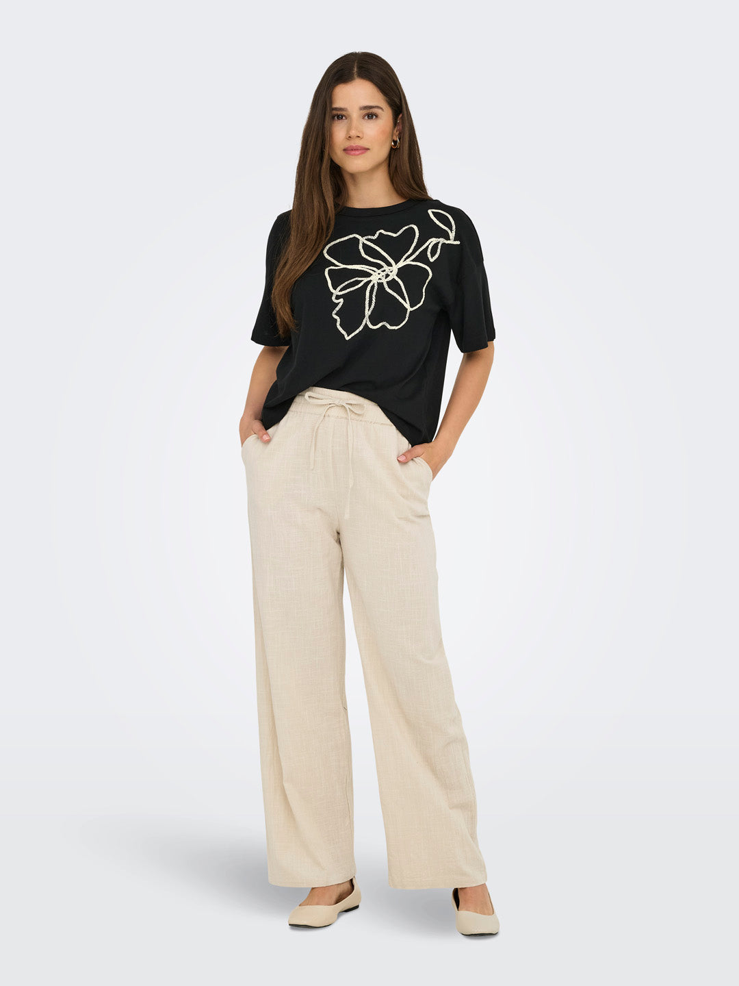 Beige Cotton Wide Leg Pants