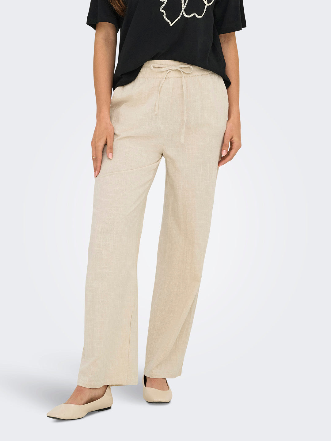 Beige Cotton Wide Leg Pants