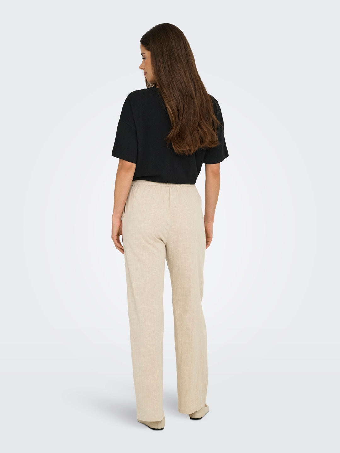 Beige Cotton Wide Leg Pants