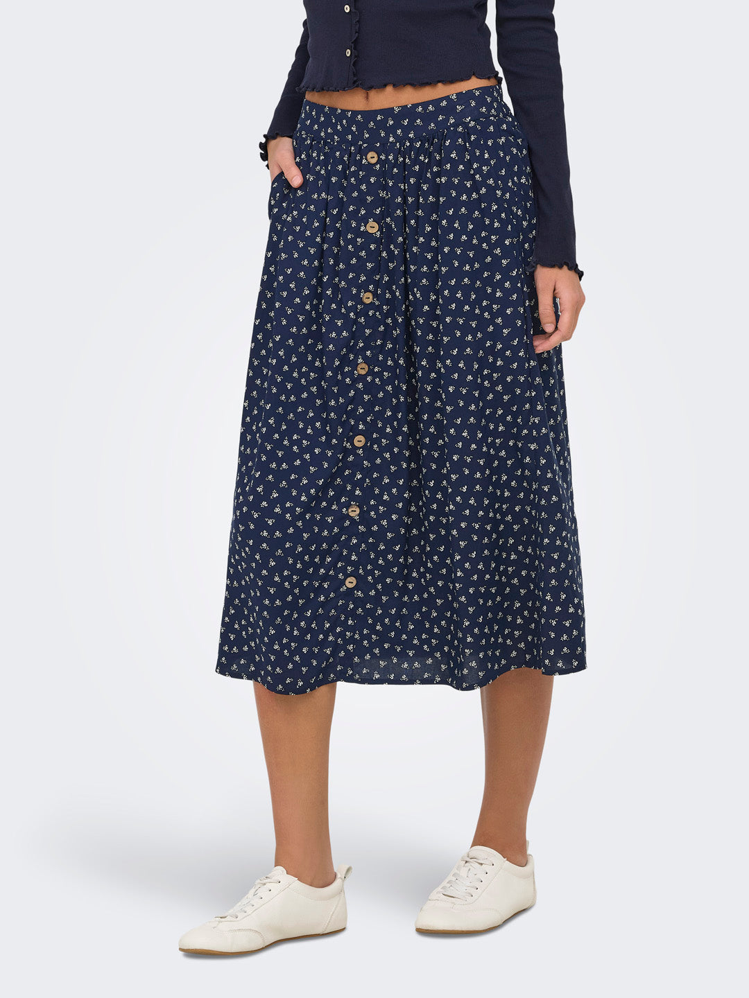 Navy Blue Floral Midi Skirt
