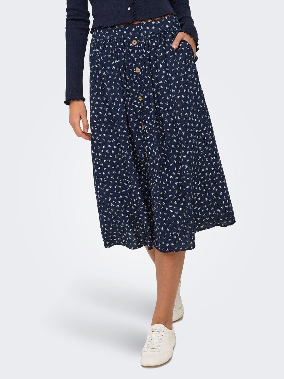 Navy Blue Floral Midi Skirt