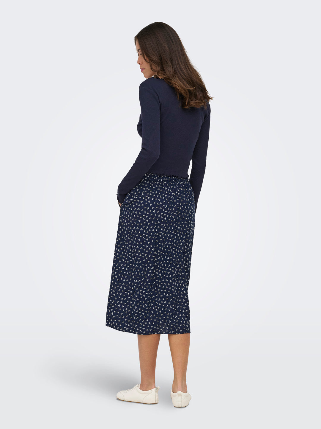 Navy Blue Floral Midi Skirt