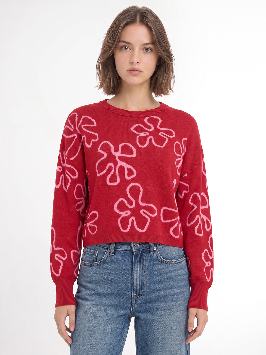 Red Jacquard O-Neck Pullover