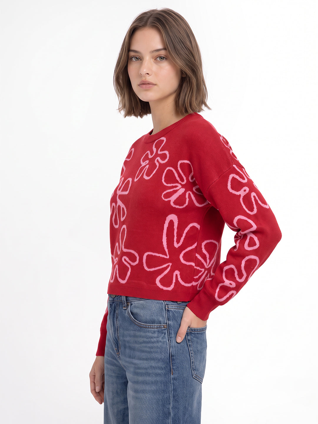 Red Jacquard O-Neck Pullover