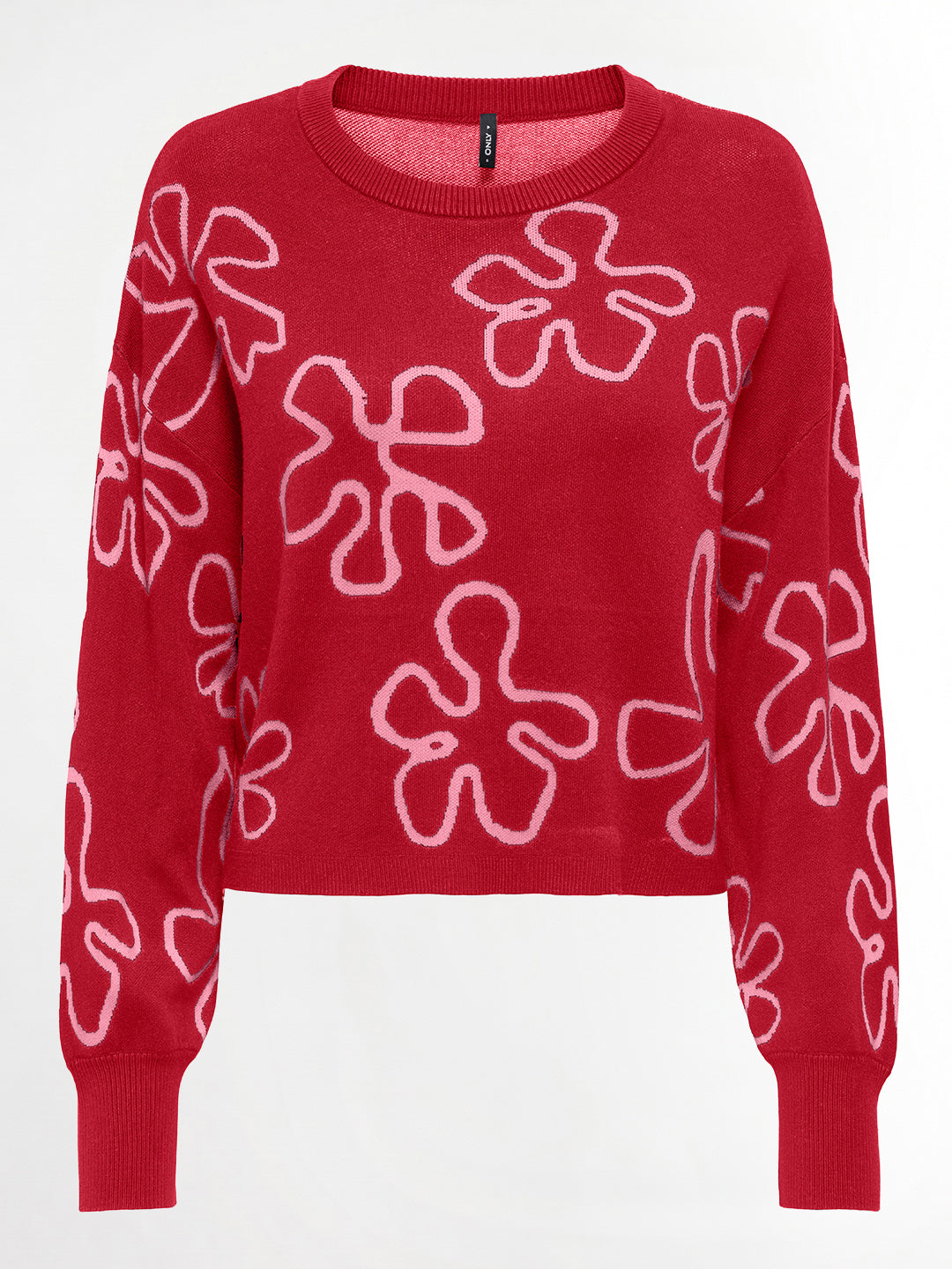 Red Jacquard O-Neck Pullover