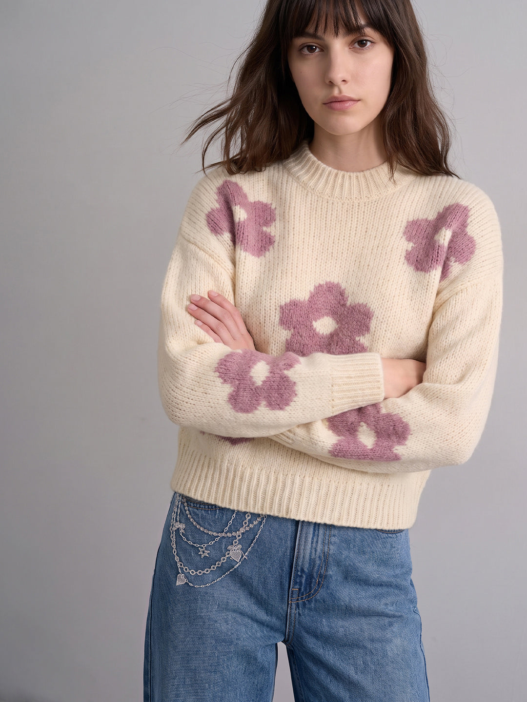 Beige Floral High Neck Pullover