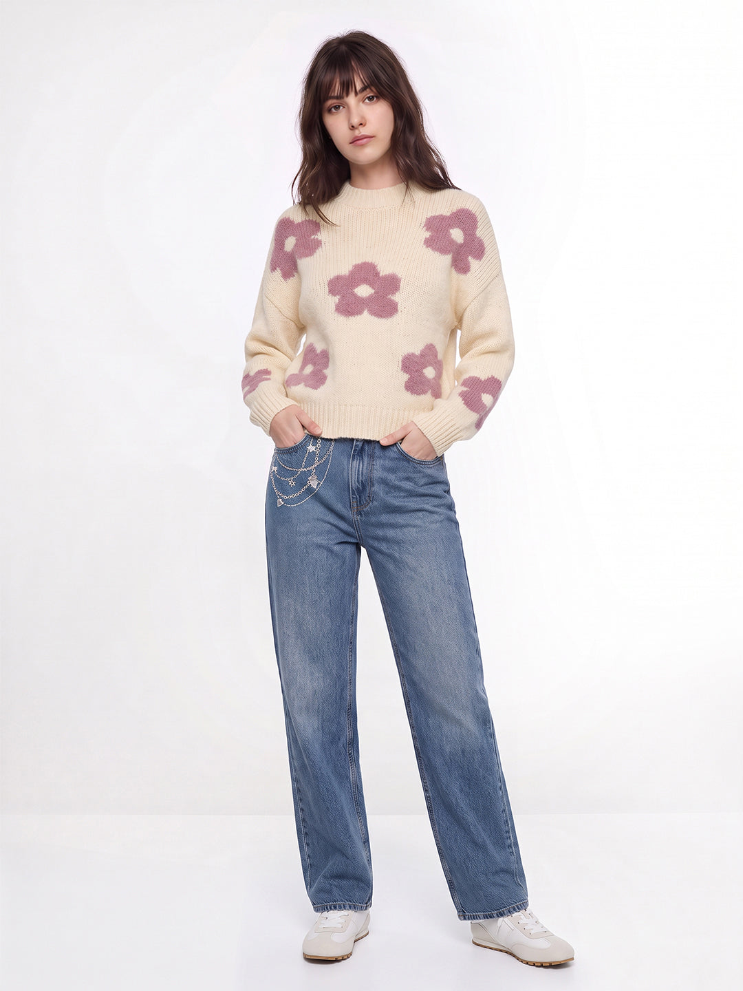 Beige Floral High Neck Pullover