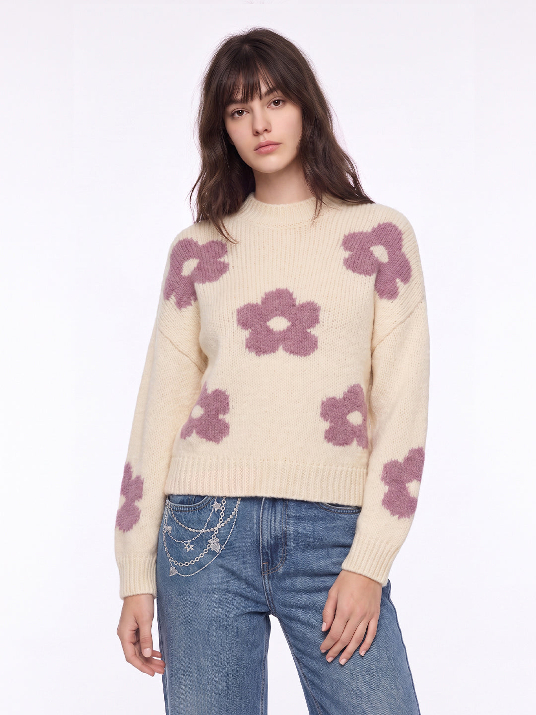 Beige Floral High Neck Pullover