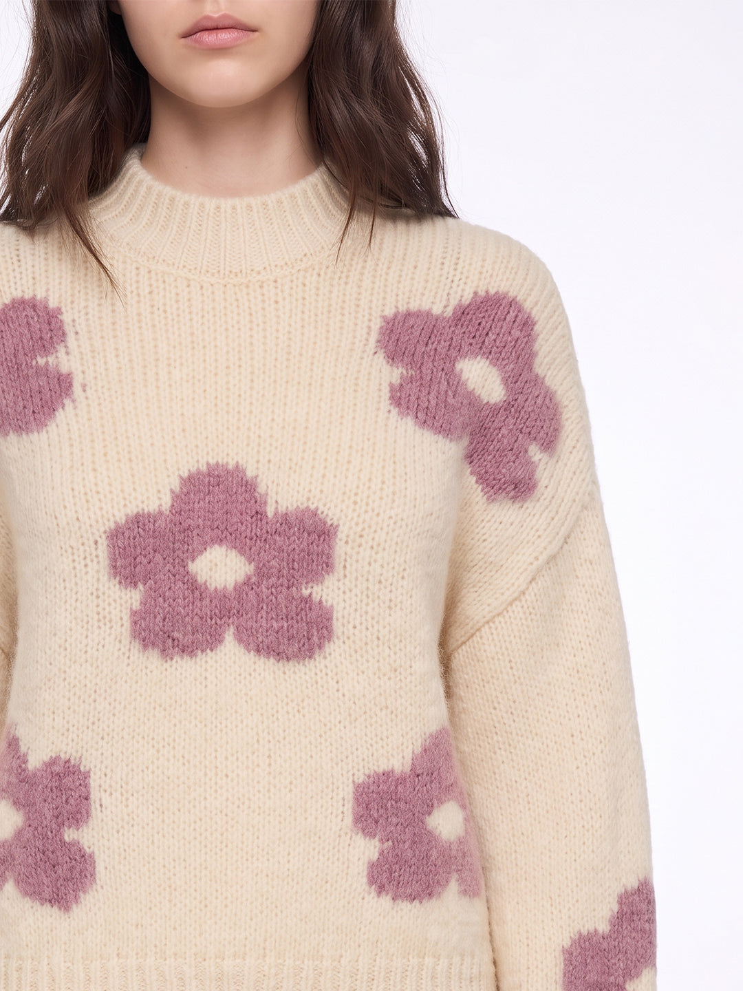 Beige Floral High Neck Pullover