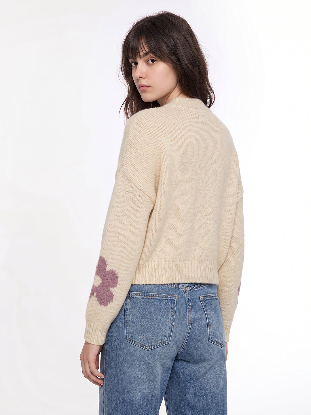 Beige Floral High Neck Pullover