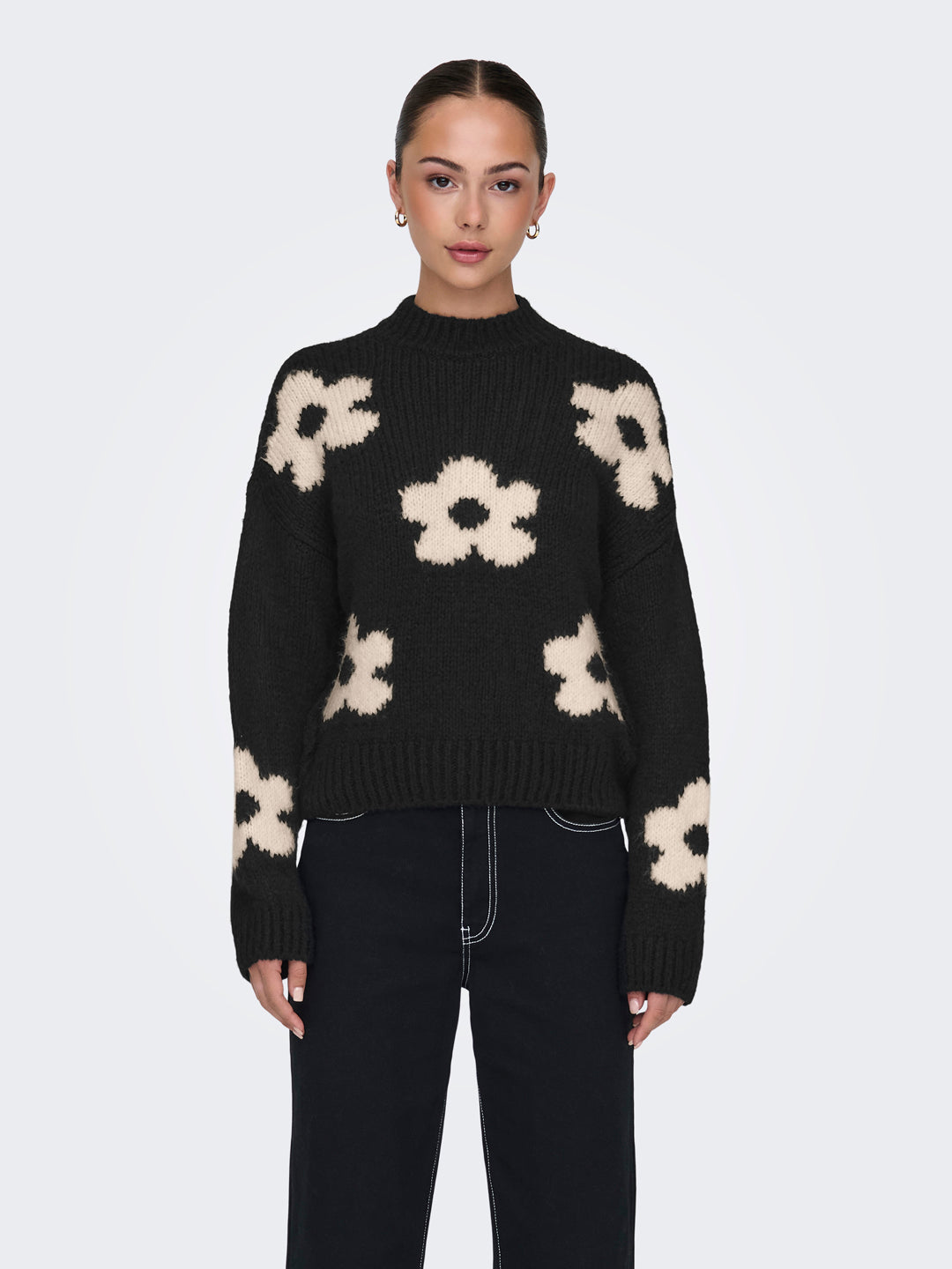 Black Floral High Neck Pullover