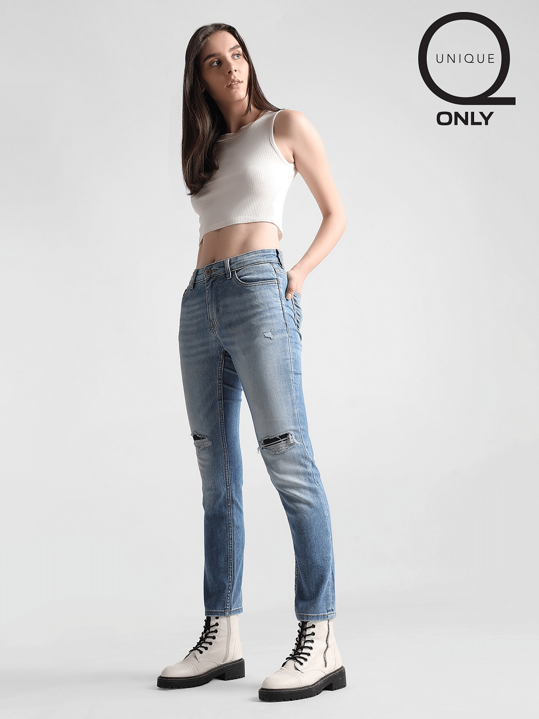 Light Blue High Rise Distressed Slim Fit Jeans