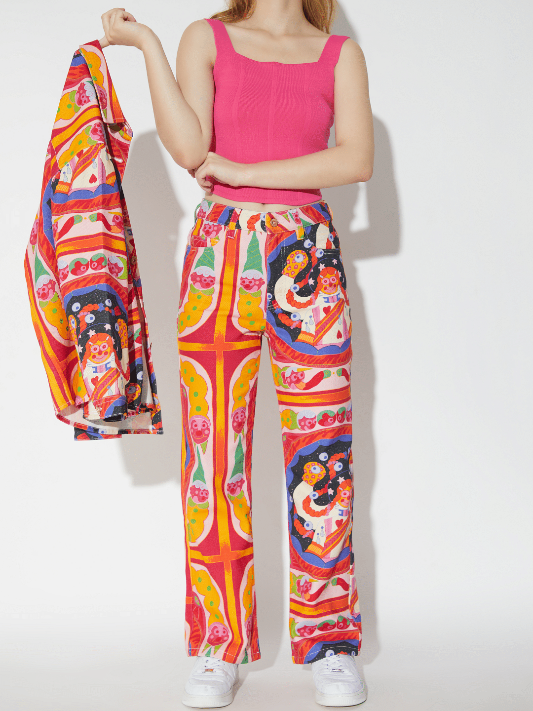 Only X Artverse Orange High-Rise Printed Straight Fit Jeans